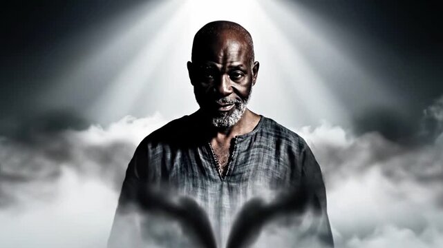 A dramatic portrait of a bald man in a gray shirt surrounded by smoke and light