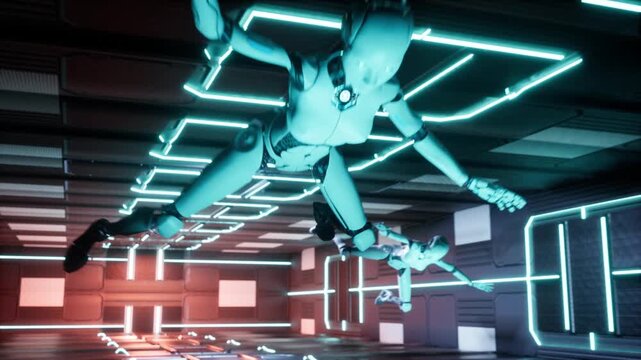 Ai robots flying in scifi walls or tunnel with high tech surface. With big head on artificial intelligence head like boss. 3D render animation