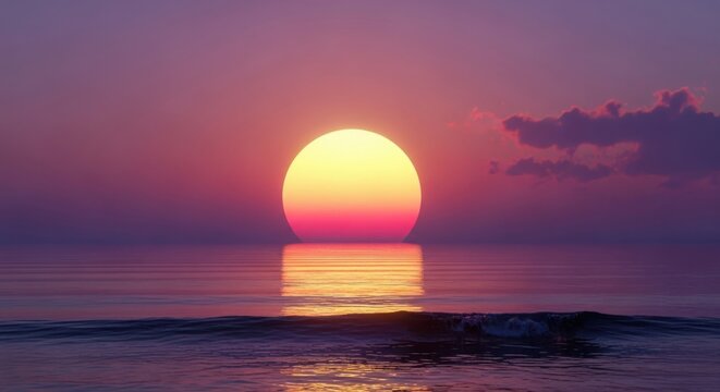 Large glowing golden sun setting over a calm ocean horizon with purple sky gradient