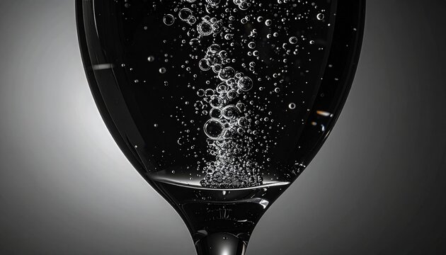 Champagne bubbles rising in glass close-up macro dark studio background carbonation detail
