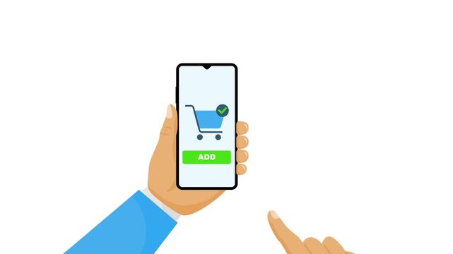 Hand holding a smartphone displaying a shopping cart icon and an 'Add' button, symbolizing online shopping and e-commerce transactions