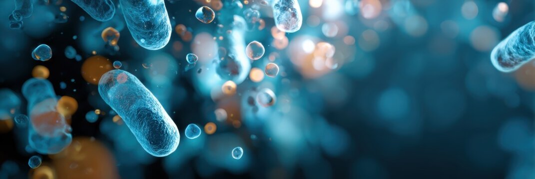 3D render of bacteria and microbes in liquid, microscopic pathogen background with bokeh and copy space