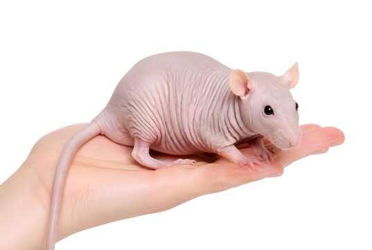 Hairless rat sits on a human hand isolated on white background
