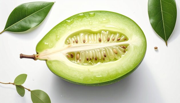 Fresh feijoa fruit cross-section with jelly-like center and seeds on white background