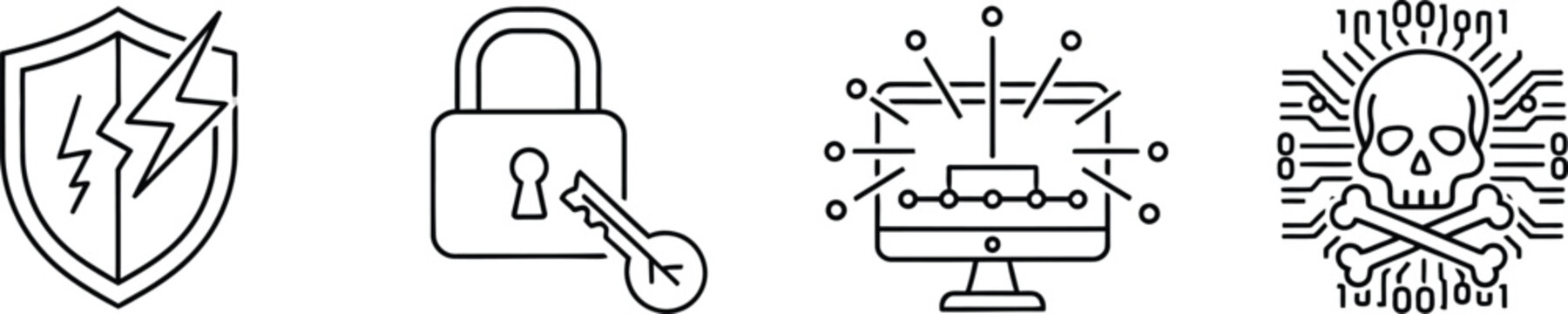 Cybersecurity shield with lightning, padlock with key, computer with network, skull with binary code
