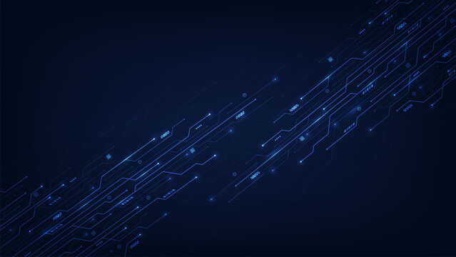Futuristic technology background with circuit wires on dark blue motherboard. Motherboard technology texture design. Central Computer Processors CPU concept. Vector illustration.