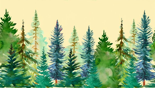 seamless pattern with coniferous forest fir trees pines hand drawn in watercolor