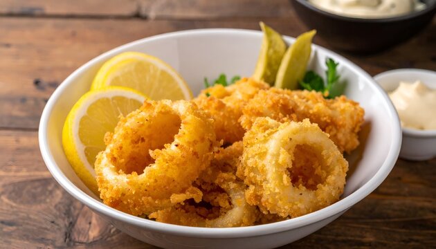 Golden fried calamari rings with lemon wedges in a white bowl on wood