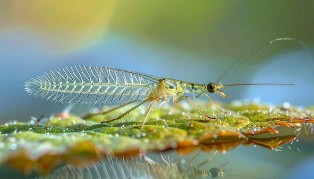 Stonefly nymph with intricate gill cluster on leaf in clear freshwater macro detail