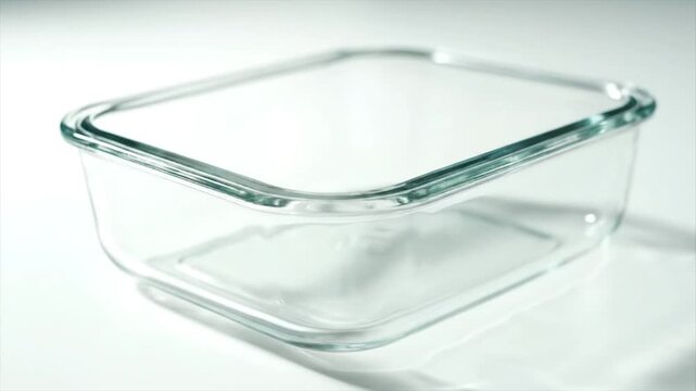 Empty clear glass food storage container with lid on white background minimal setup