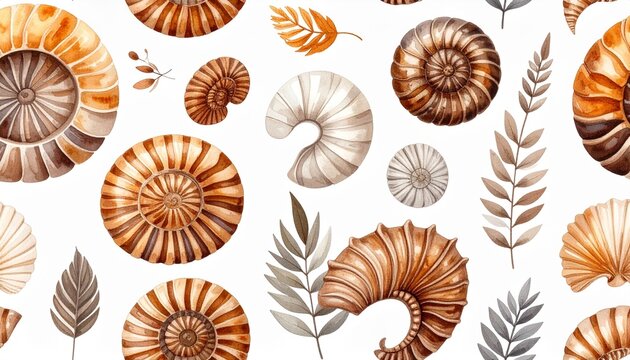 Seamless Pattern of Fossil Varieties Including Ammonites, Trilobites and Prehistoric Leaves in Flat Scientific Illustration Style