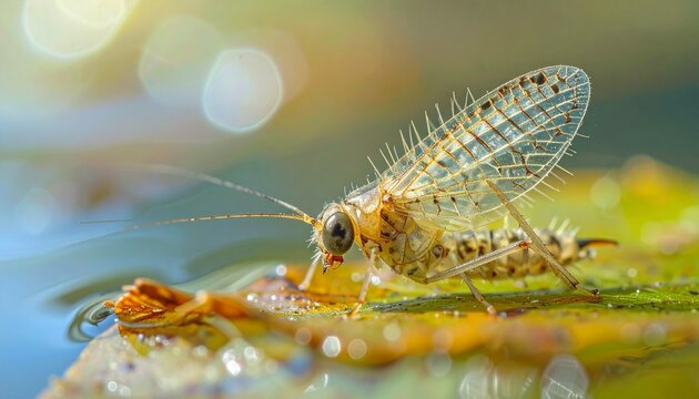 Stonefly nymph with gill cluster resting on leaf in clear freshwater macro close-up