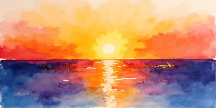 Abstract dramatic watercolor sunset landscape with colorful clouds over the sea horizon