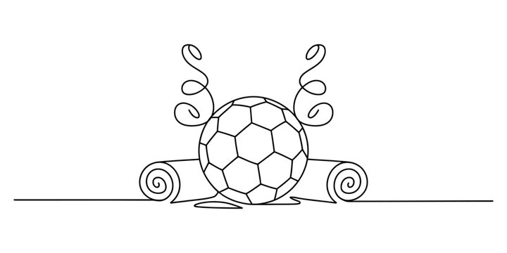 Single line drawing of a soccer ball with decorative swirls and scrolls Vector, illustration