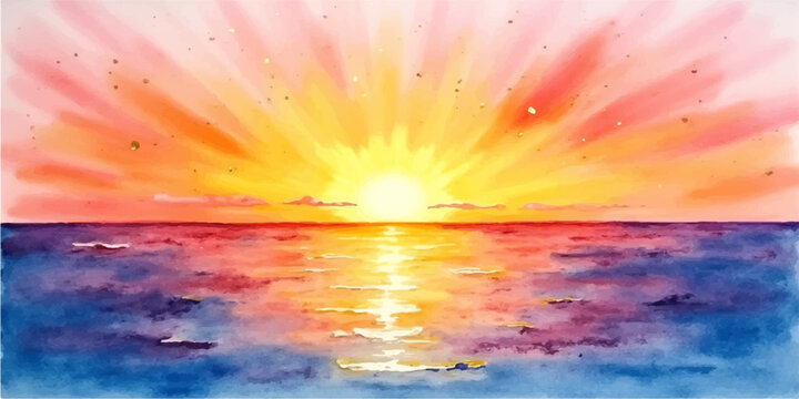 Watercolor sunset over the ocean with vibrant pink and orange sunrays