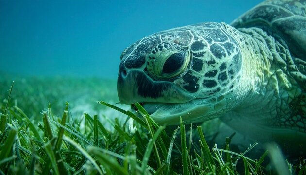 Green sea turtle feeding on seagrass underwater close-up portrait in natural habitat