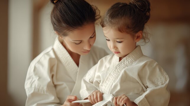 Mom helps daughter tie her karate belt during a training session in a dojo in the afternoon