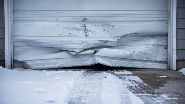 A damaged white garage door with ice and snow accumulation in a winter setting, highlighting the need for property management and maintenance to address weather-related damage.