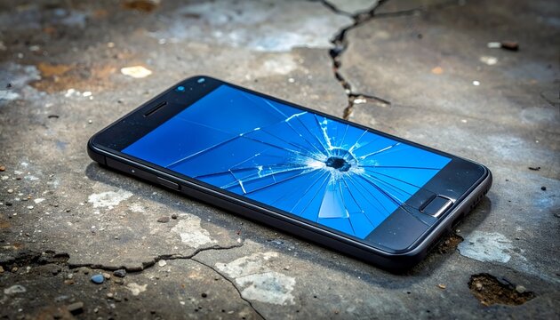 Cracked phone screen on cracked concrete, damage, loss, blue screen glare