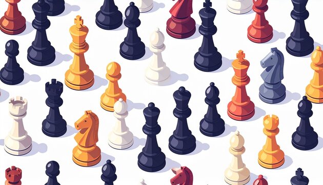 Colorful chess pieces seamless pattern in isometric flat design illustration on white background