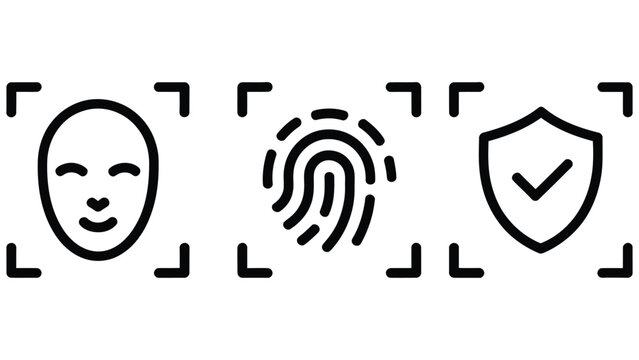 Biometric authentication and security icons with face fingerprint and shield on white background