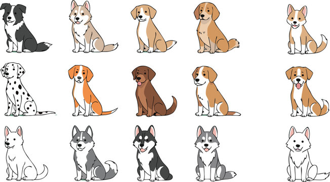 Cute dog breed vector illustration set featuring puppies and domestic pet characters isolated cartoon animal collection