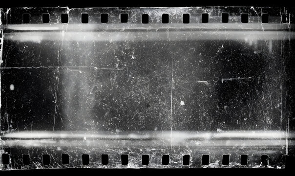 An old film texture that has scratches, noise, and light leaks. A realistic transparent overlay of the film texture in black-white, dust, and grain, creating a negative effect of cinema nostalgia.