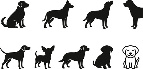 Fototapeta premium Dog breed silhouette and outline collection showing various poses and styles for pet design, logo, and animal illustration concepts