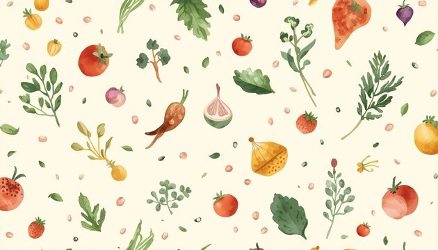 Minimal artistic watercolor repeat pattern of fresh ingredients floating across a soft cream background, elegant culinary theme