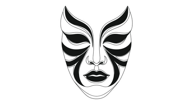 Theatrical mask illustration features a dramatic black and white design with sweeping lines and bold eye cutouts for a mysterious aesthetic.