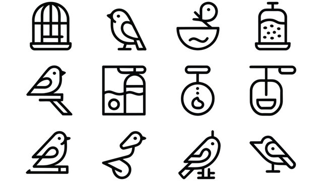 Birds and bird feeders icons with cage and food bowl on white background