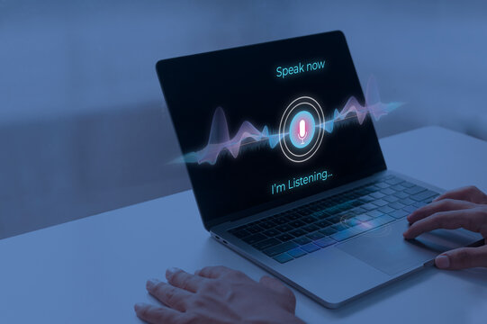 Hands on laptop with AI assistant interface on screen in dark room
