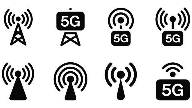 Black 5g network icons with signals on white background  technology concept