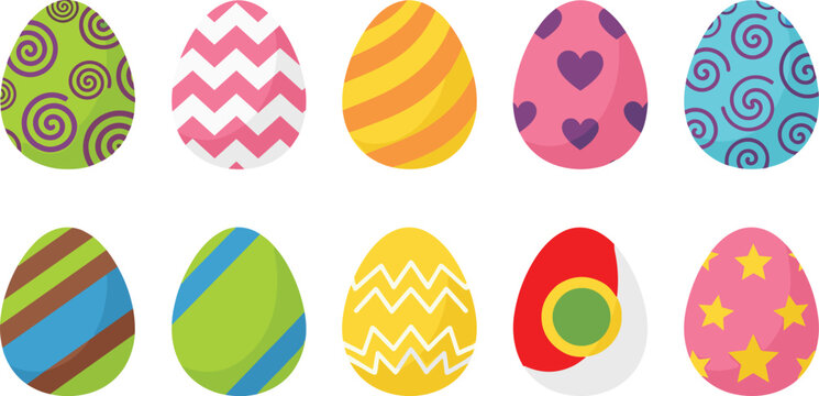Easter egg illustrations with colorful patterns and stripes. Fun Easter eggs with hearts, stars, and swirls. Perfect Easter egg graphics for holidays, crafts, and celebrations.