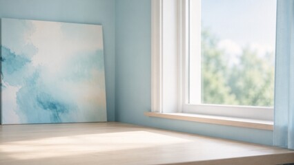 Fototapeta premium 淡いブルーの壁と窓辺のデスクを備えた明るいミニマルインテリア背景