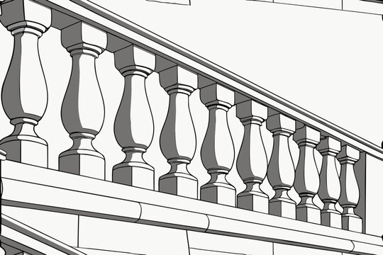 Detailed illustration of ornate balustrade with balusters on staircase
