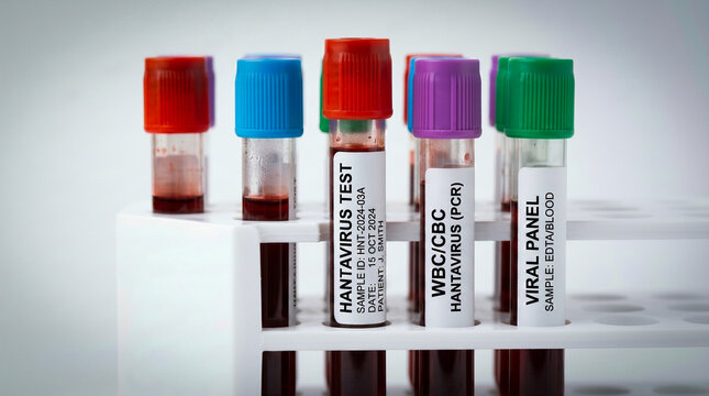 Multiple replicated medical blood collection tubes with colorful caps in a rack, featuring labels for Hantavirus test, WBC/CBC, and a general viral panel.