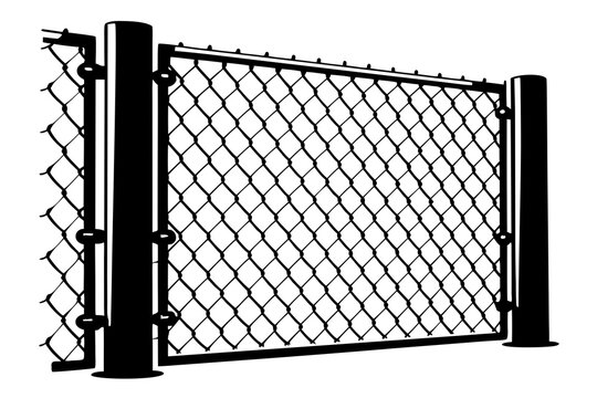 Black chain link fence with metal posts and barbed wire