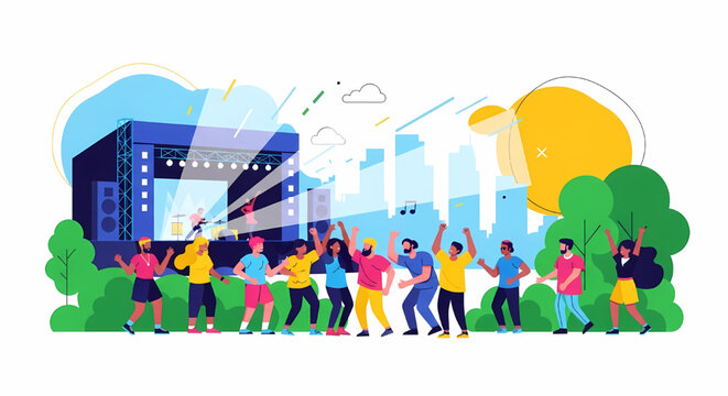Flat vector illustration of a lively outdoor music festival with a band on stage and a dancing crowd