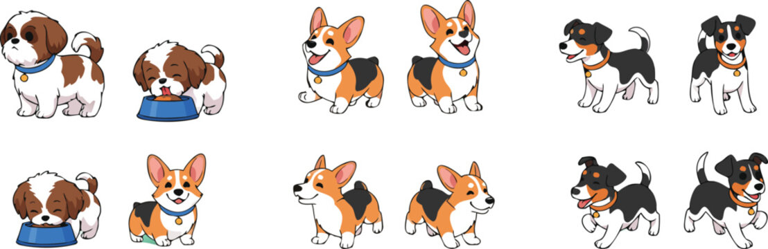 Cute dog cartoon vector illustration set featuring corgi shih tzu and terrier puppy characters isolated pet collection