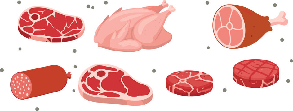 Flat design vector illustration icon set featuring raw whole chicken beef steak pork ham leg salami sausage roll and minced burger patty isolated on transparent background