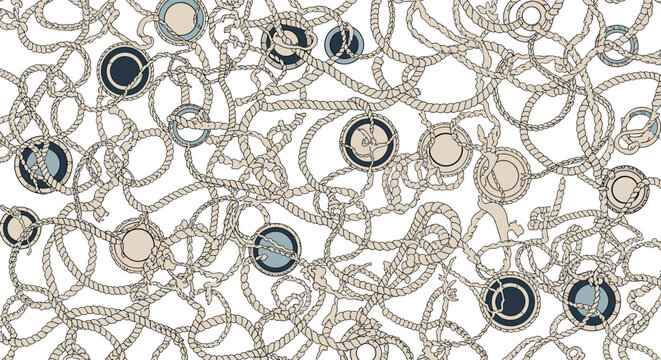 Nautical background pattern featuring intertwined old ropes and blue circular nautical symbols on a clean and minimalist white background.