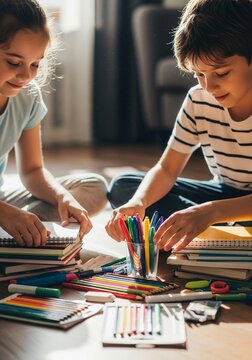 Close up of two siblings sitting on the floor sorting notebooks, pens, and school supplies into separate piles in a bright joyful back to school home scene.