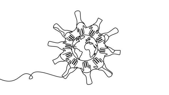 Animation of line drawing of globe surrounded by diverse hands symbolizing unity and global rights.
