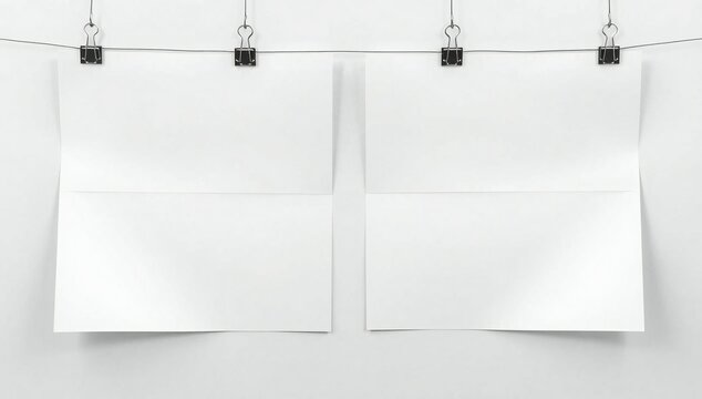 Two blank white sheets of paper hanging from a wire with black binder clips on a white background