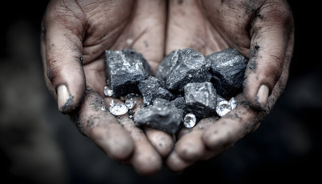 The symbolism of dirty hands holding rough coal pieces with small clear diamonds is that of raw resources, hard labor, and the value extracted from the earth. It underscores the hardships of mineral m