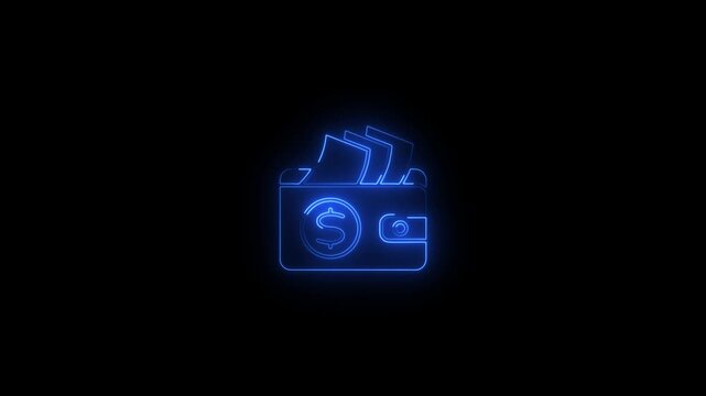 Neon blue wallet animation with money bills and coins for financial and digital payment concepts