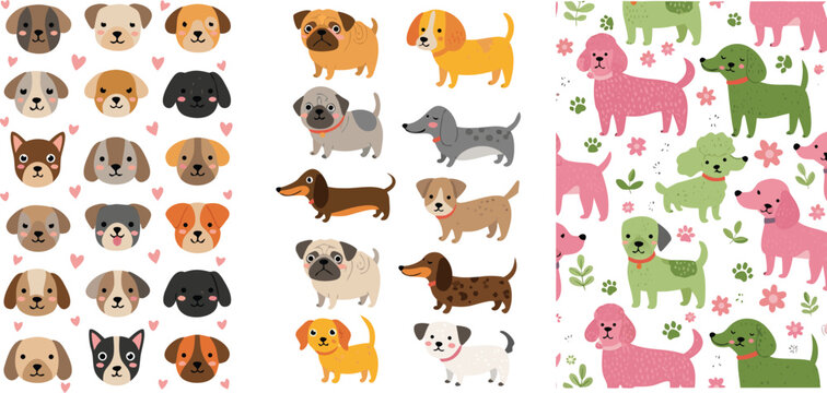 Cute dog cartoon vector illustration set featuring puppy faces dachshunds pugs and colorful pet patterns isolated collection