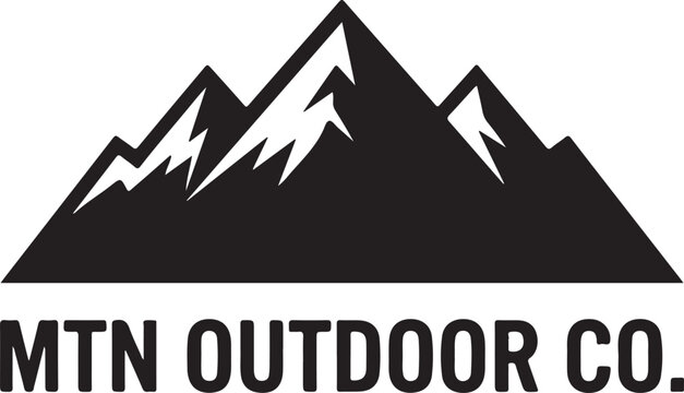Black mountain outdoor company logo, vector mountain range icon, outdoor gear brand emblem, MTN OUTDOOR CO.