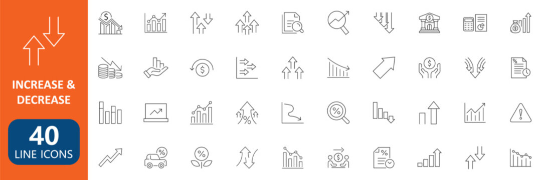 Increase and Decrease Financial Growth Line Icon Set with Business Analytics Revenue Profit Loss Investment Market Trend Chart Data Visualization Economic Performance Collection editable stroke
